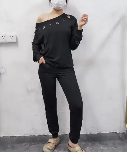 Sets for Women 2 Pieces 2024 New Spring Autumn Fashion Skew Neck Long Sleeve Eyelet Top & Casual Long Pants Set Slim Fit Suit