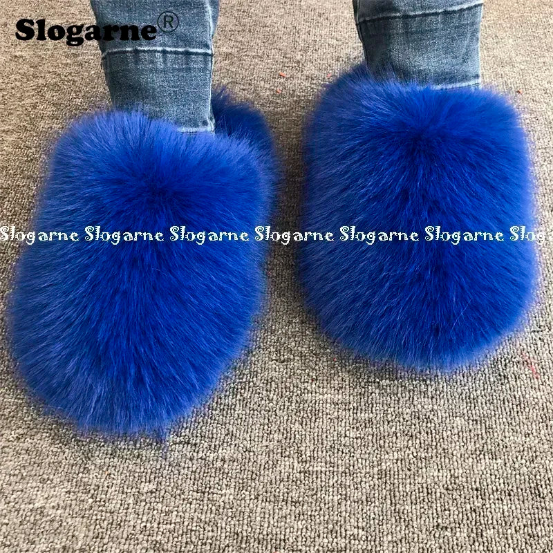 New Colorful Raccoon Fur Slippers Women Winter Faux Fur Shoes Ladies Luxury Furry Slippers Girls Artificial Fox Furs Slides Shoe