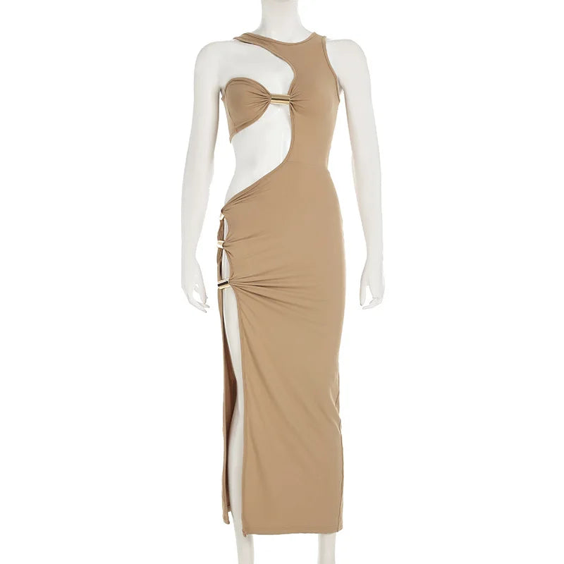 Sexy Slim Fit Maxi Dress with Metal Buckles Hollow Out Split Bodycon Style for Women O-neck Sleeveless Backless Party Clubwear