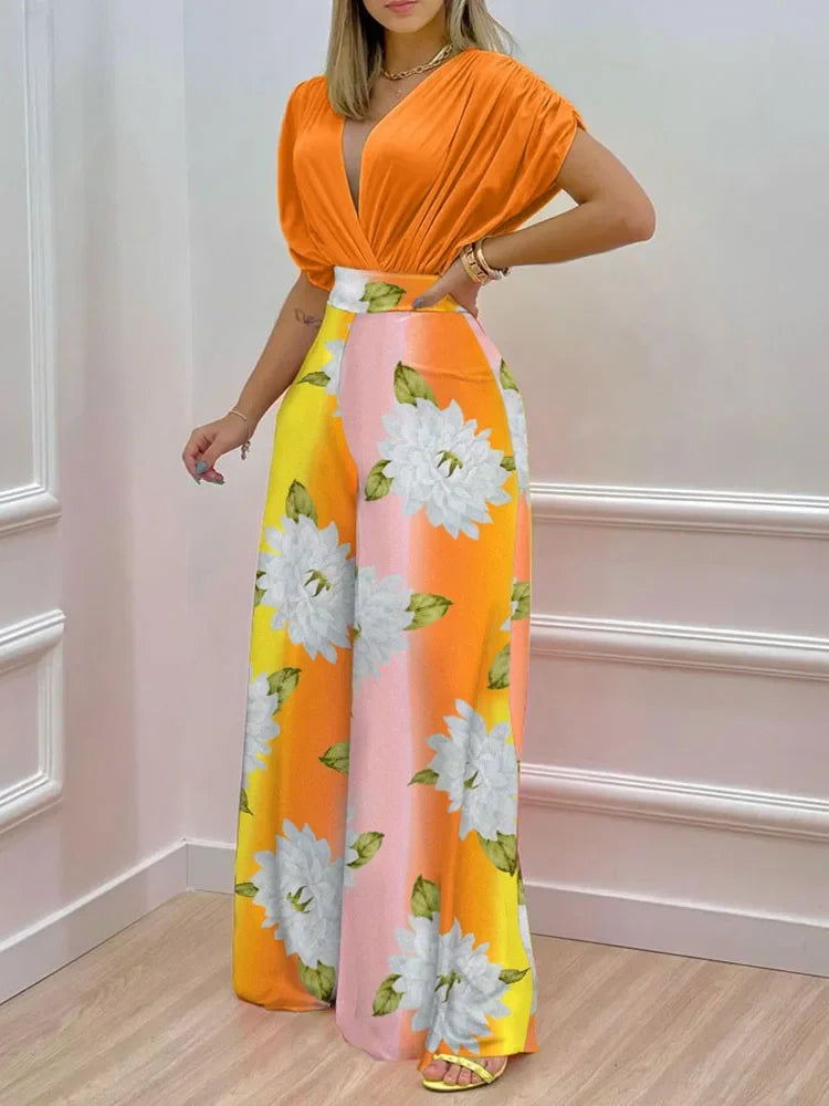 Ladies Fashion V-Neck Work Wide Leg Office Trousers Suit 2022 Summer 2 Pieces Set For Women Short Sleeve Top And Long Pant Suits