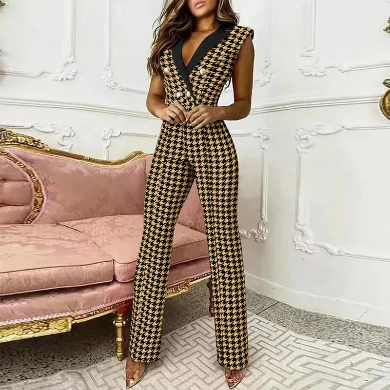 New Elegant Women's Plaid Jumpsuit Chic Office Ladies 2024 Summer Sleeveless V Neck High Waist Button Work Jumpsuit
