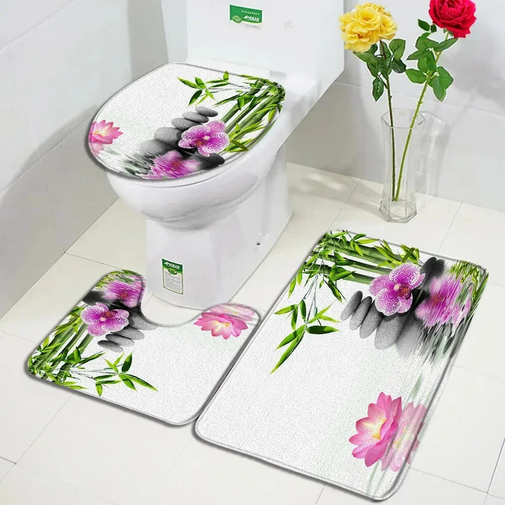 Zen Bath Mat Set Pink Lotus Orchid Grey Stone Green Bamboo Home Carpet White Bathroom Decor Flannel Floor Rugs Toilet Lid Cover