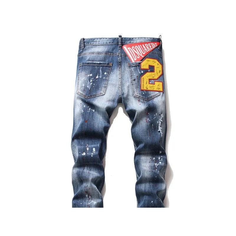 Men's Slim Fit Tattered Paint Jeans Retro Style Stretch Denim Pants with Hole Badge for High Street Fashion