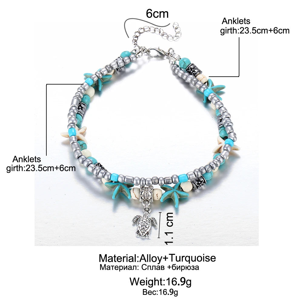Softones Blue Starfish Turtle Anklet Multilayer Charm Beads Sea Handmade Boho Anklet Foot Jewelry for Women Girl