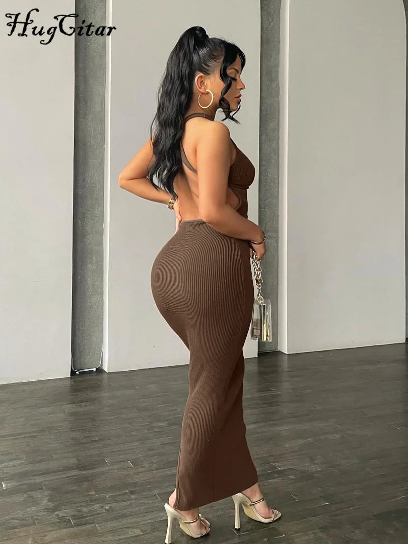 Hugcitar Ribbed Solid Hollow Out Backless Sleeveless Sexy Slit Dress Bodycon 2025 Summer Women Outfits Elegant Party Y2K