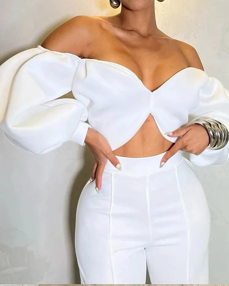 Pant Set Women Two Piece Sets Slim Fit Off Shoulder Sexy Puff Sleeve V Neck Tops High Waist Elegant Splice Straight Long Pants