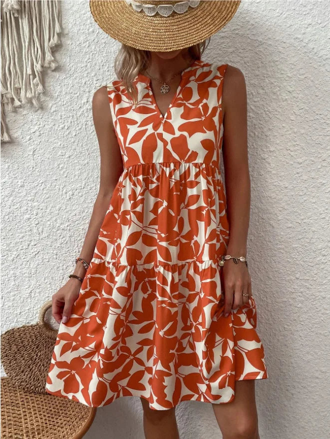 Fashion V-neck Sleeveless Boho Print Mini Dress Women Summer Casual Loose Pleats Short Dresses For Women Vestidos