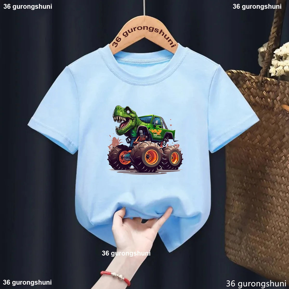 Cute Monster Truck T-Shirt for Kids Harajuku Style Dinosaur Print Suitable for Girls Boys Funny Children's Clothing
