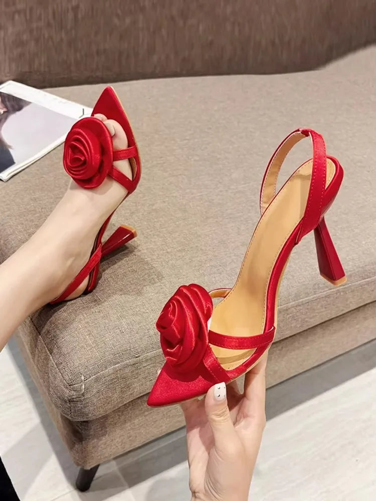 Liyke Green Silk Rose Flower Women's Slippers Open Toe High Heel Sandals Sexy Summer Party Dress Shoes for Adult Women