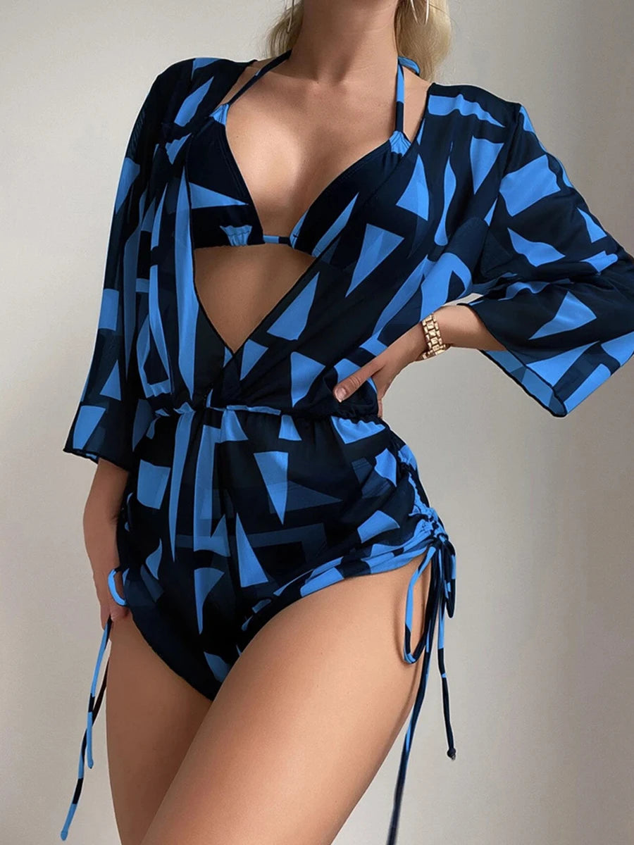 3 pieces Halter Bikini Tropical Print Swimsuit Drawstring Side Swimwear Women Long Sleeve Bathing Suit Female Swimming Beachwear