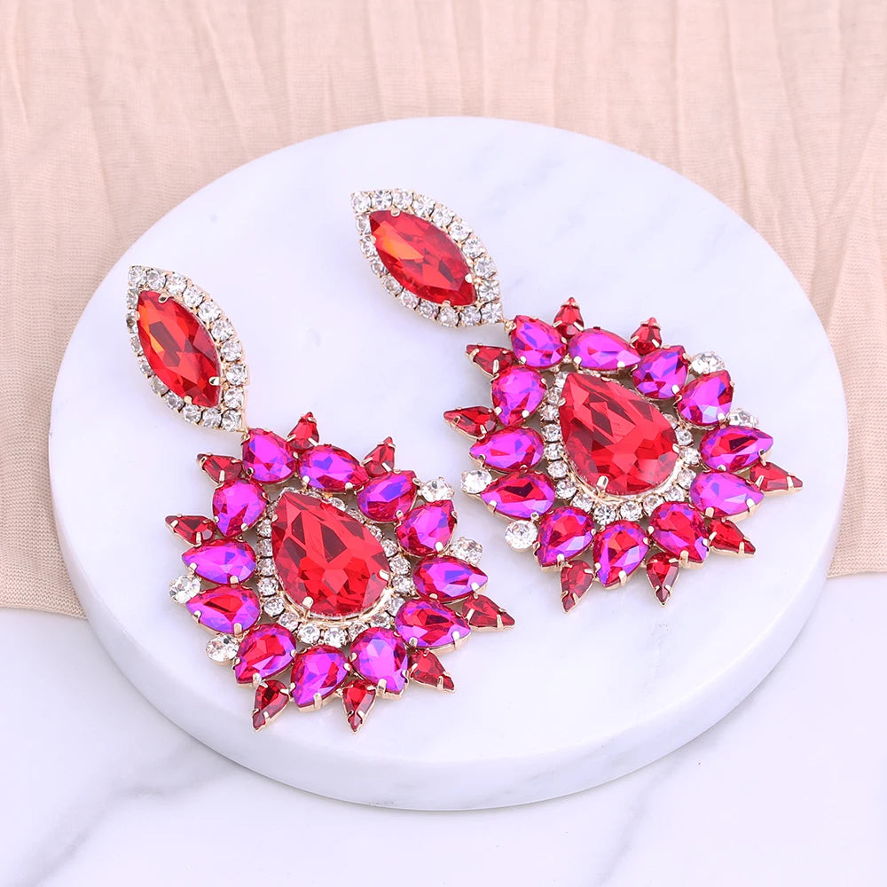 Big Earrings Elegant Purple Crystal Clip on Women Earring Pink Water Drop Huge Fashion Jewelry for Beauty pageant Drag queen