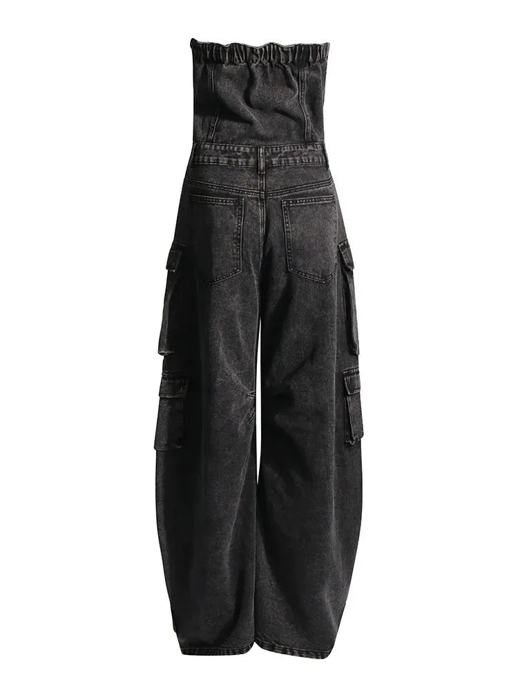 TWOTWINSTYLE Solid Patchwork Pocket Casual Denim Jumpsuits For Women Strapless Sleeveless High Waist Temperament Jumpsuit Female