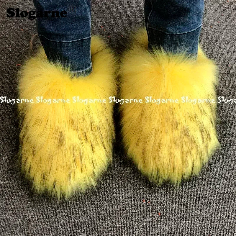 New Colorful Raccoon Fur Slippers Women Winter Faux Fur Shoes Ladies Luxury Furry Slippers Girls Artificial Fox Furs Slides Shoe