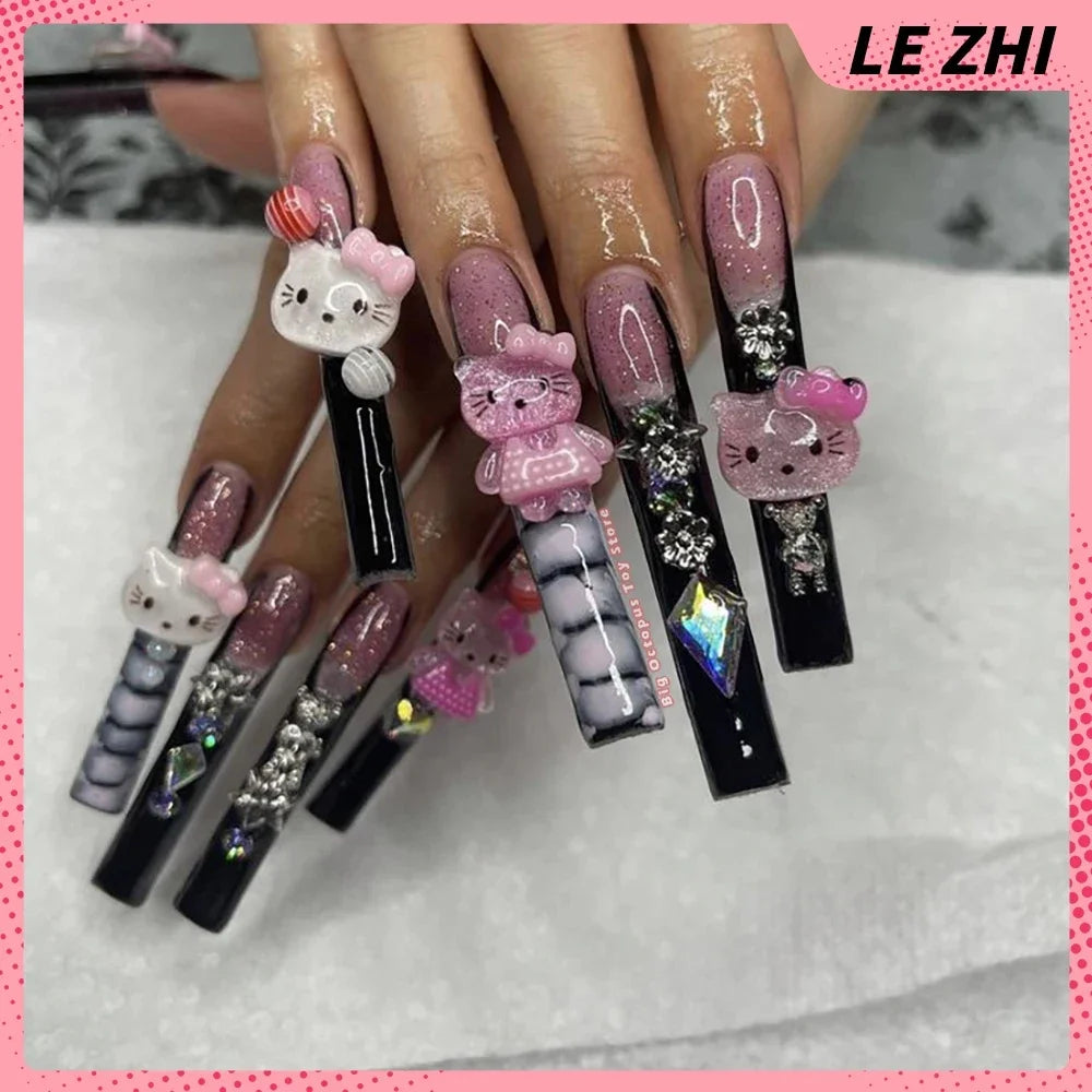 Xxl Euro-Americaen Long Square Cartoon Fake Nails Hello Kitty Mymelody Kuromi Luxury Diamond Handmade Nail Tips Party Sticker