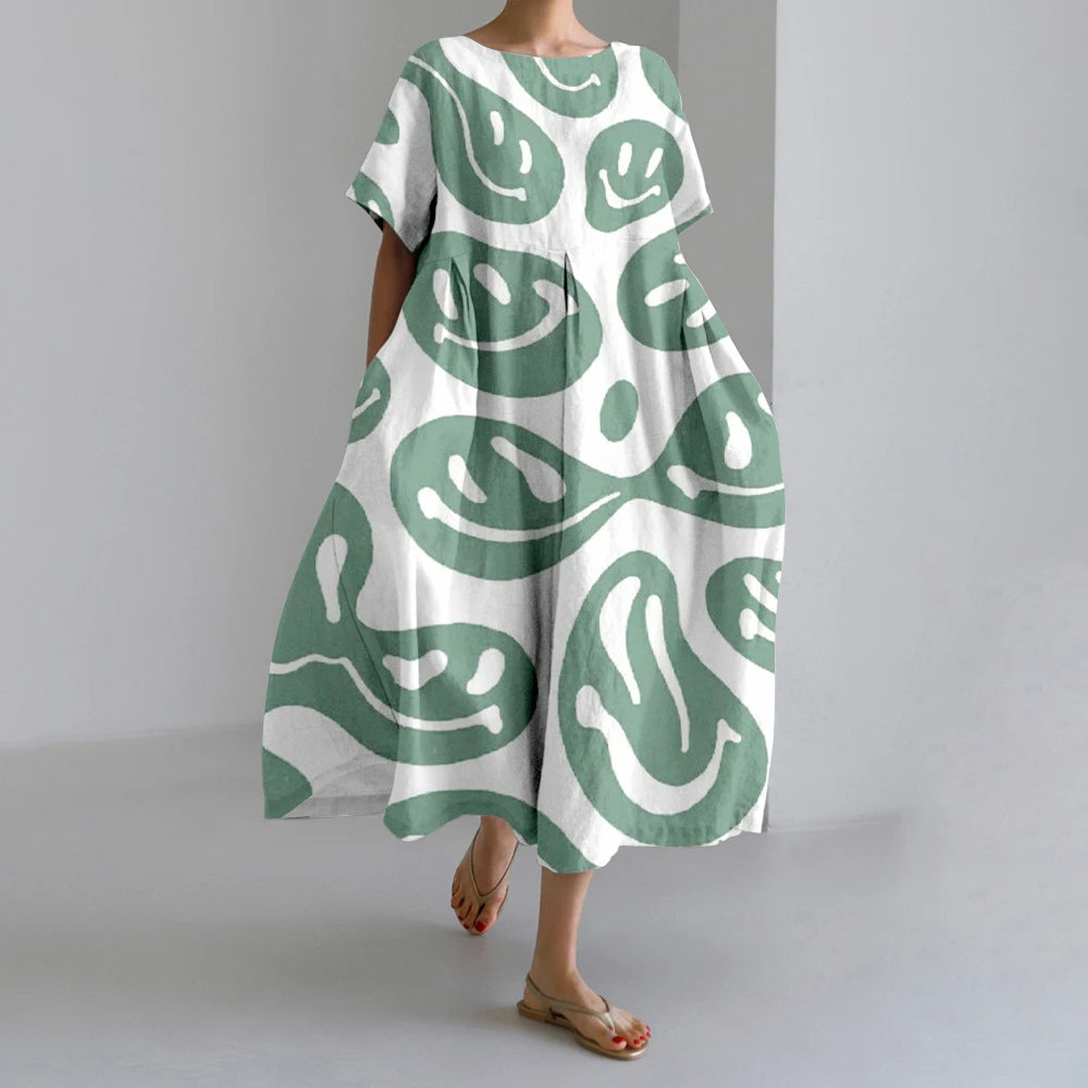 New Summer Womens Dresses Exquisite Elegant Round Neck Short Sleeve Long Pink Spotted Irregular Printed Comfortable Midi Dresses