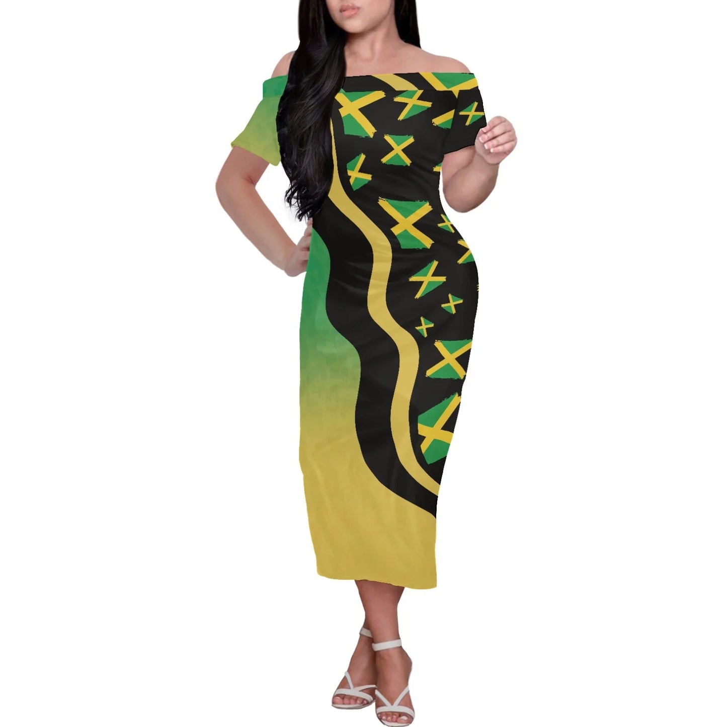 Off-The-Shoulder Long Skirt for Ladies with Big Front Jamaica Flag Print Puff Sleeves Tailor-Made Eye-Catching Design