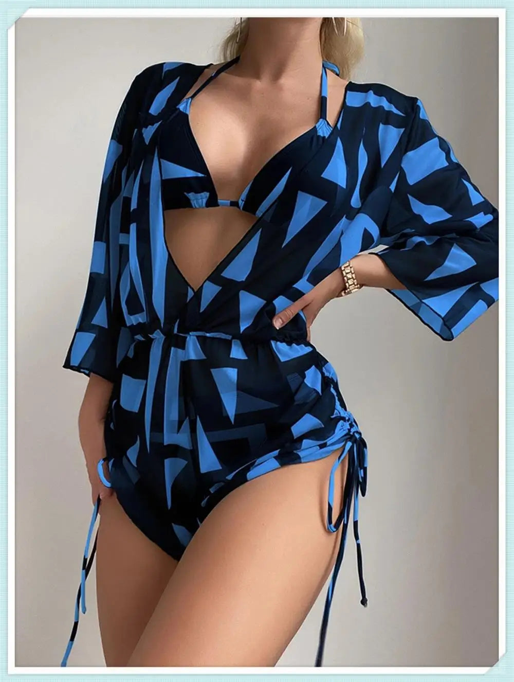 3 pieces Halter Bikini Tropical Print Swimsuit Drawstring Side Swimwear Women Long Sleeve Bathing Suit Female Swimming Beachwear