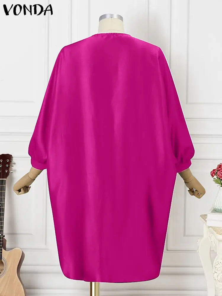 Plus Size L-5XL VONDA Women Sundress 2024 Autumn Bohemian Floral Printed Elegant Midi Dress 3/4 Bat Sleeve Casual Loose Robe