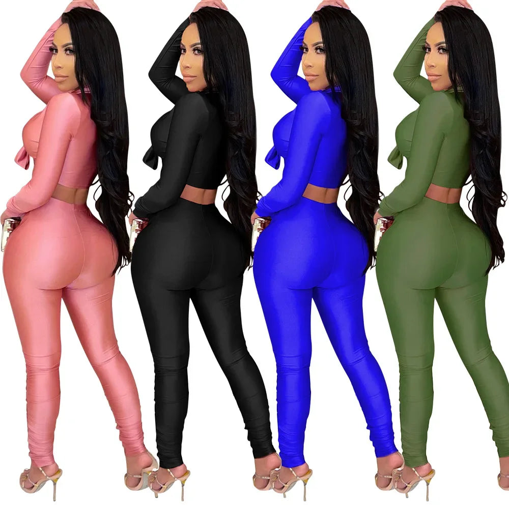 Women's Fashion Casual Slim Fit Two-Piece Set Open Shirt Butterfly Knot Long Sleeve Top with Long Pants Eye-Catching Streetwear