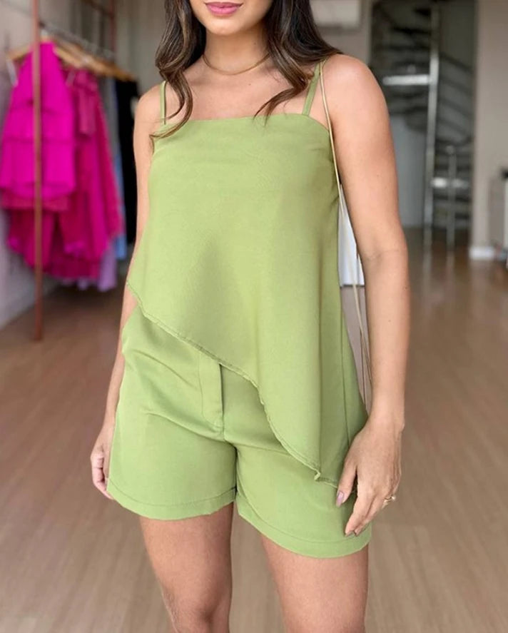 Women's Two-Piece Set 2024 Sexy Solid Color Sleeveless Suspender Asymmetrical Hem Cami Top & Slimming Temperament Shorts Set