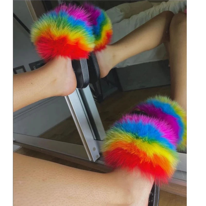 Rainbow Fur Slides Women's Furry Plush Raccoon Fox Fur Slippers Indoor Flat Non-Slip Summer Beach Flip Flops Large Size Sandals