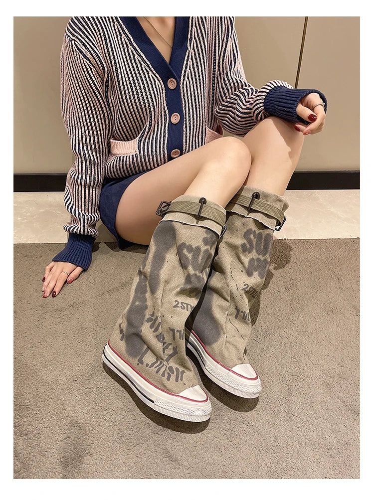 Women's Spring Graffiti High Canvas Boots Round Head Middle Follow Anti-slip Boots Women Leisure Fashion Rubber Sole Botas Mujer