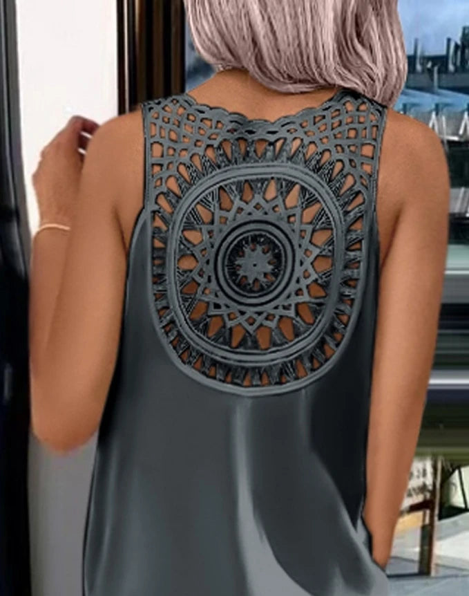 Women's Sleeveless round Neck Mid-Calf Dress Summer 2024 Fashion Slit Hollow-Out Casual Straight Dress for Daily Wear