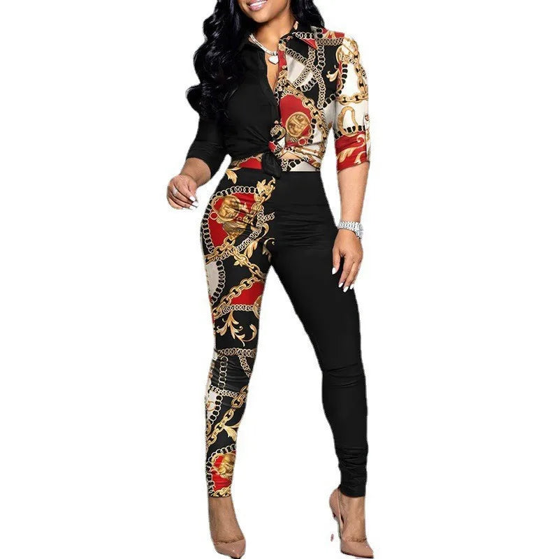 Women Fashion Print Suit Long Sleeve Turn-down Collar Shirt Mid Waist Pants New Casual Office Two Piece Set Women's Clothes