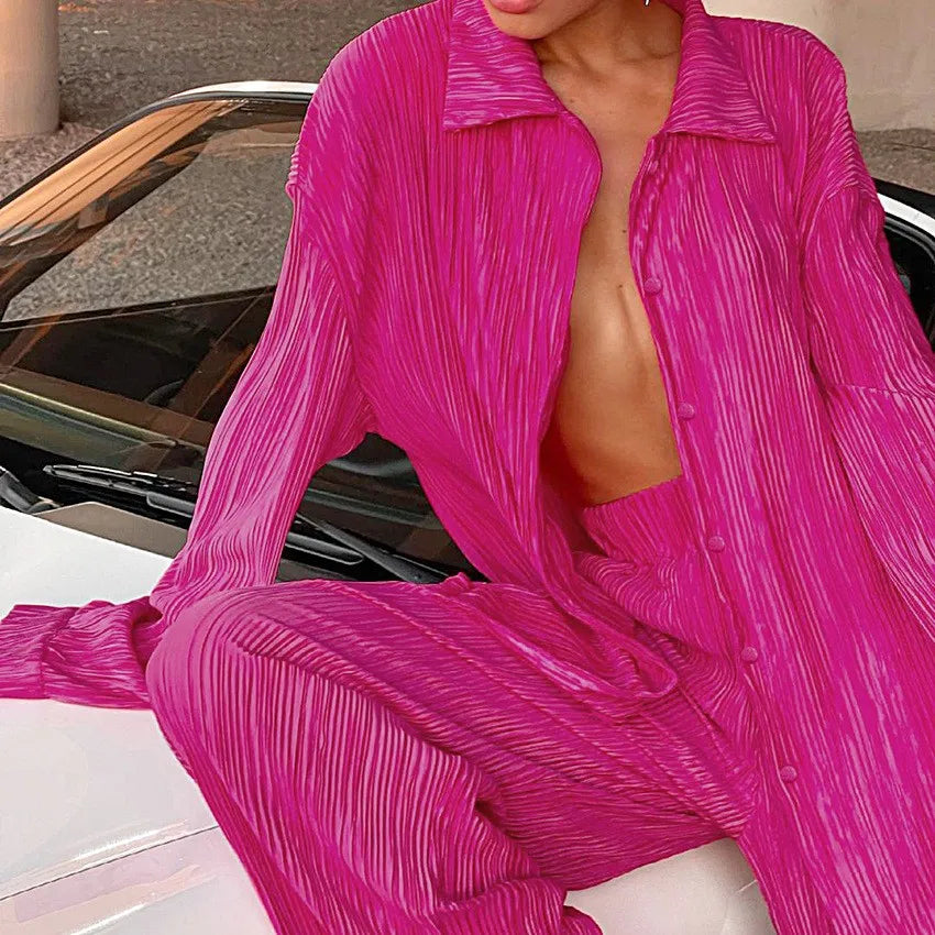 New Spring And Autumn Suit Women's Pleated Lapel Shirt Loose Casual Suit Solid Color Drape Pleated Casual Suit