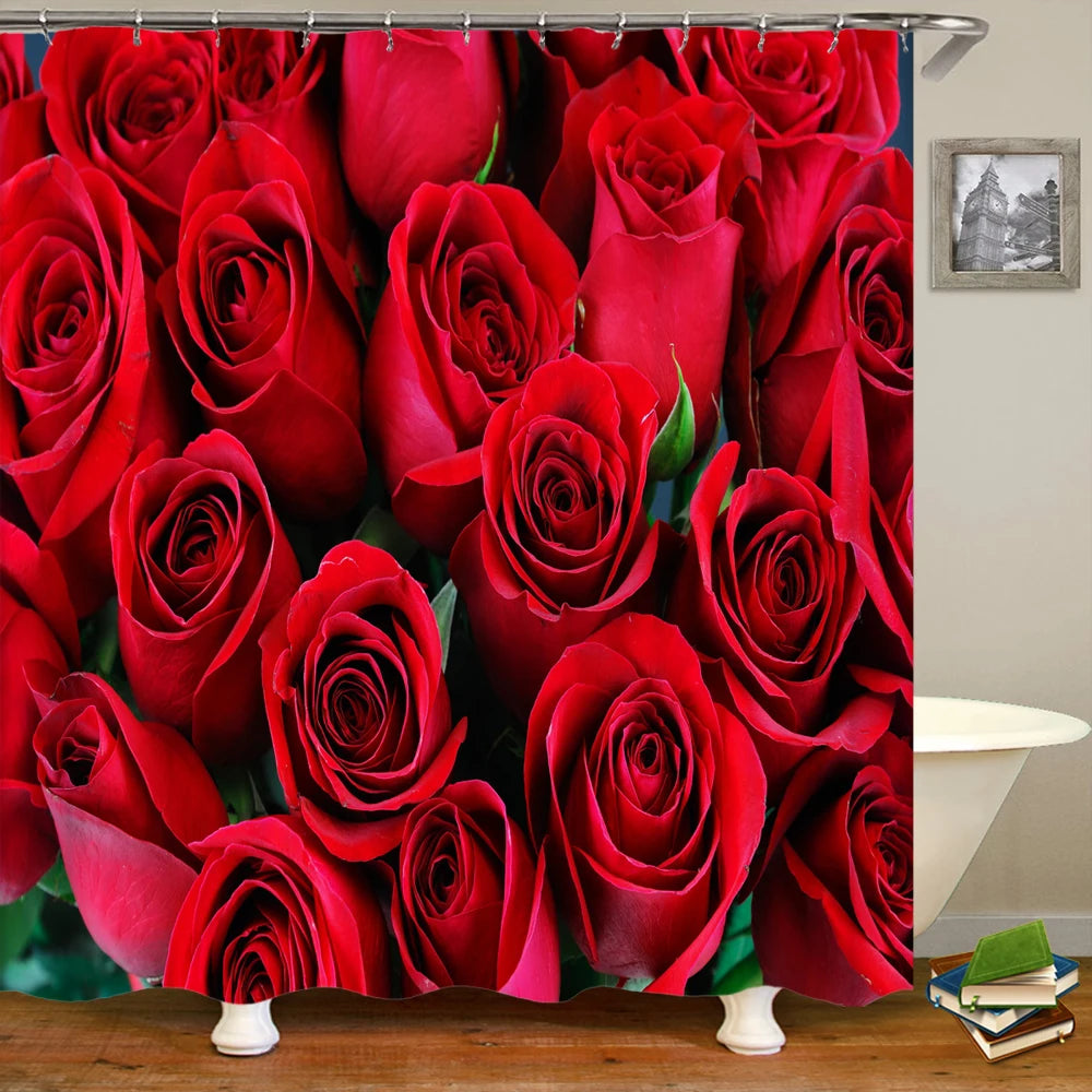 Butterfly Rose Flower Printed Waterproof Bathroom Shower Curtain Set Non-Slip Bath Mat Rug Sets Toilet Cover Bathroom Decor