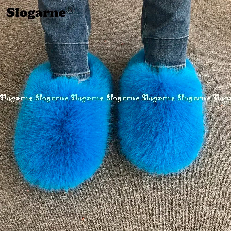 New Colorful Raccoon Fur Slippers Women Winter Faux Fur Shoes Ladies Luxury Furry Slippers Girls Artificial Fox Furs Slides Shoe