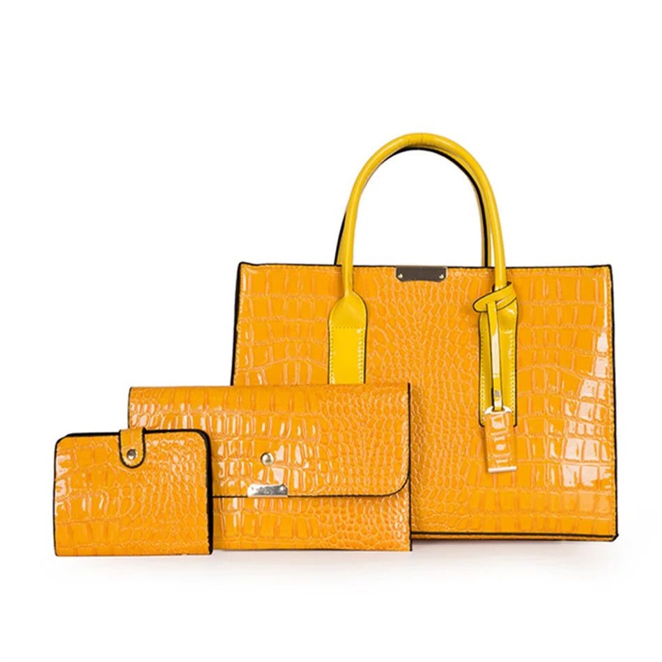 3 Sets Tote Sac Vintage Crocodile Pattern Patent Leather Luxury Handbags Brand Designer Large Capacity Shoulder Messenger Bag