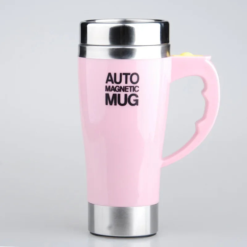 Pink auto magnetic mug with stainless steel lid and base, ergonomic handle