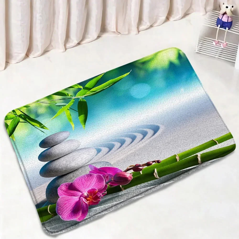 Zen Bath Mat Set Pink Lotus Orchid Grey Stone Green Bamboo Home Carpet White Bathroom Decor Flannel Floor Rugs Toilet Lid Cover