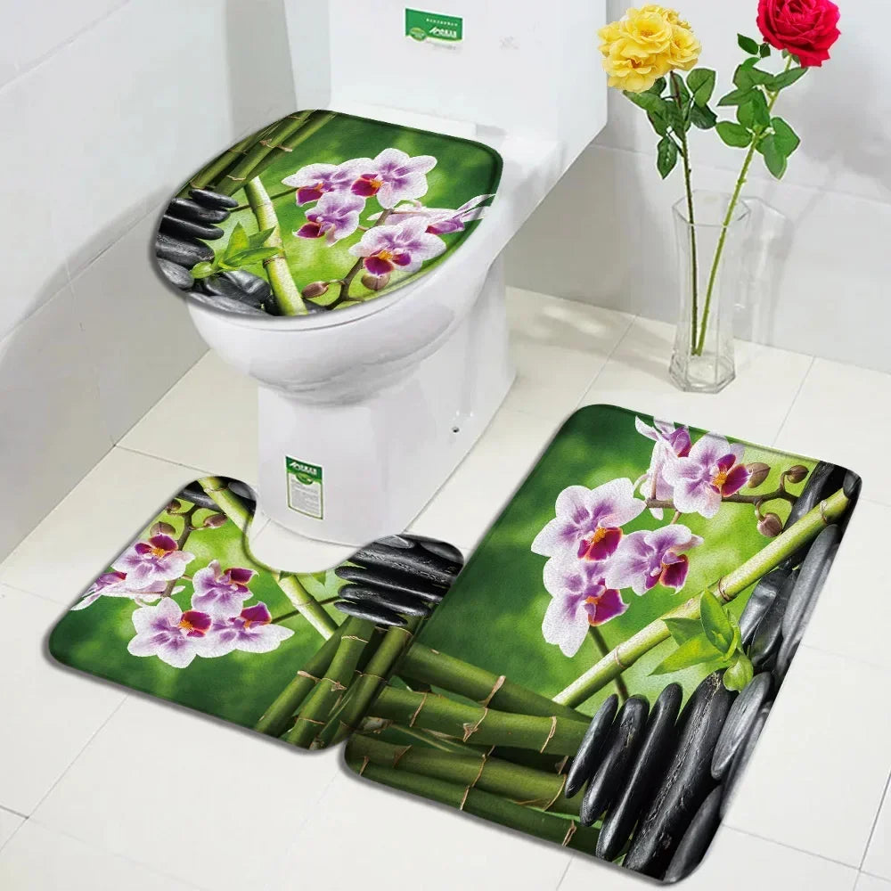 Zen Bath Mat Set Pink Lotus Orchid Grey Stone Green Bamboo Home Carpet White Bathroom Decor Flannel Floor Rugs Toilet Lid Cover