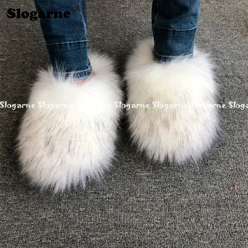 New Colorful Raccoon Fur Slippers Women Winter Faux Fur Shoes Ladies Luxury Furry Slippers Girls Artificial Fox Furs Slides Shoe