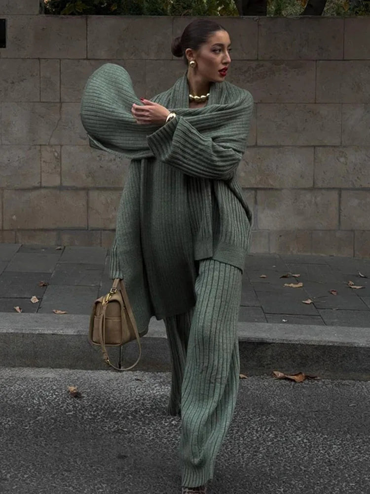 Oversize Knitted Women's Set V-Neck Full Sleeve Scarf Pullover Long Trousers Casual Loose Lady Suit for Autumn
