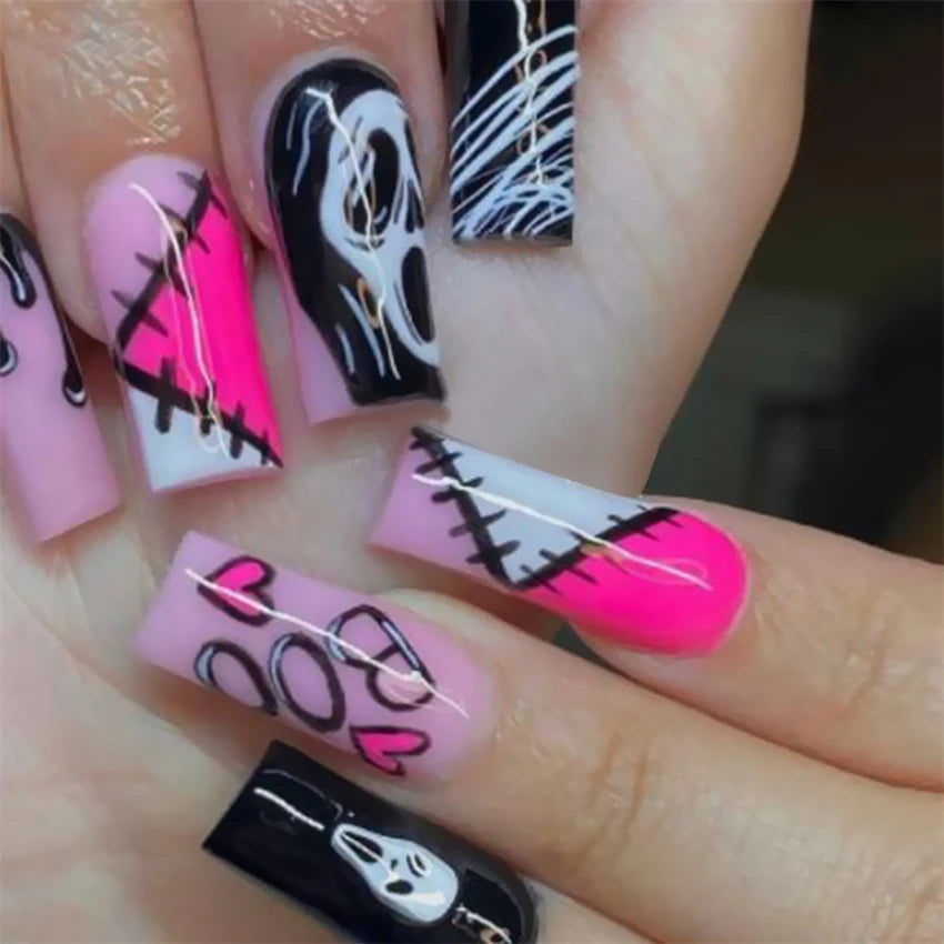 24Pcs/Set Press on Nails Gradient Point Drill Ballet Wearing False Nails Long French Stick on Nail Artificial Acrylic Fake Nails
