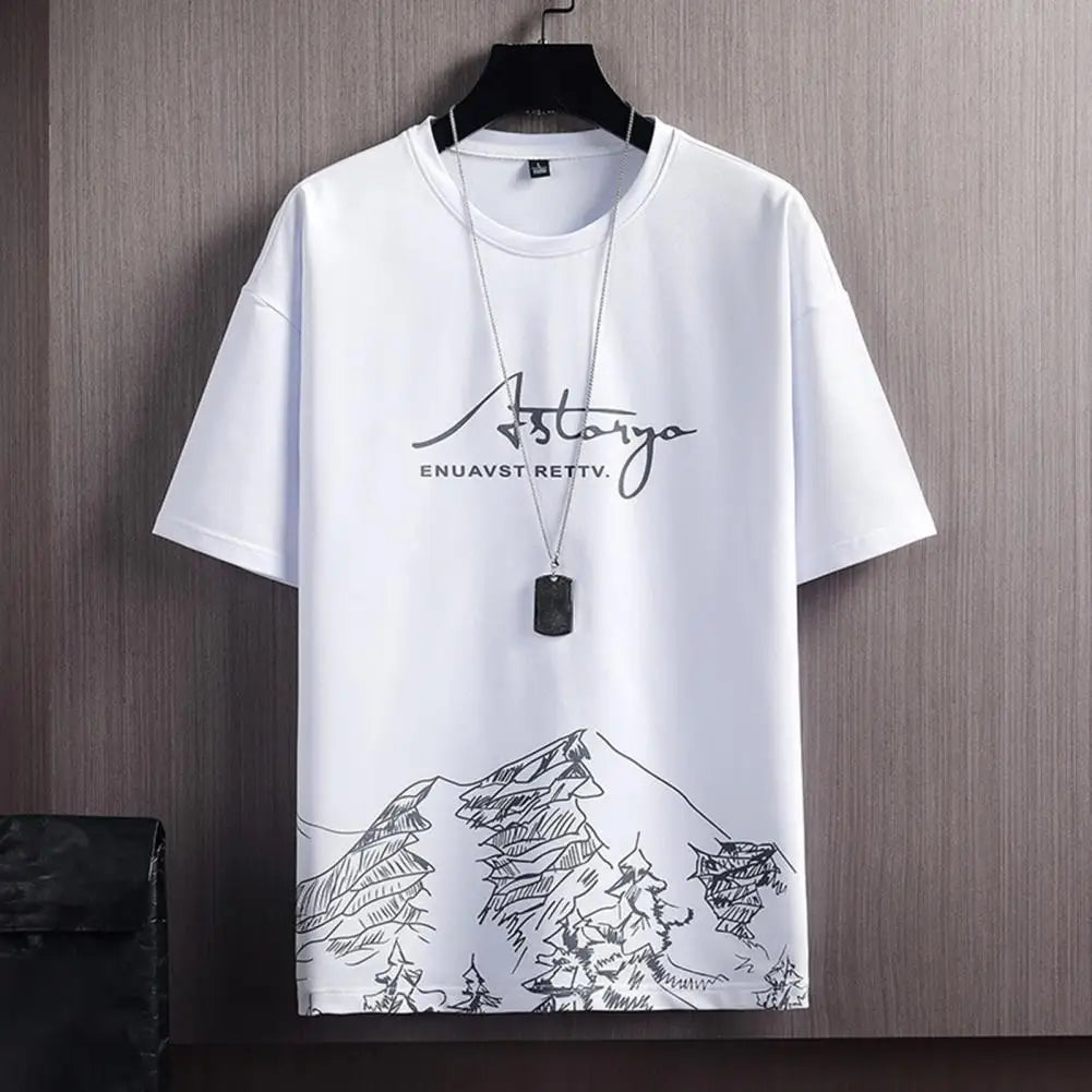 2 Piece Set For Men Shorts Set Drawstring Pockets Casual Outfit Mountain Print Loose T-shirt Loose Shorts Sport Suit Streetwear