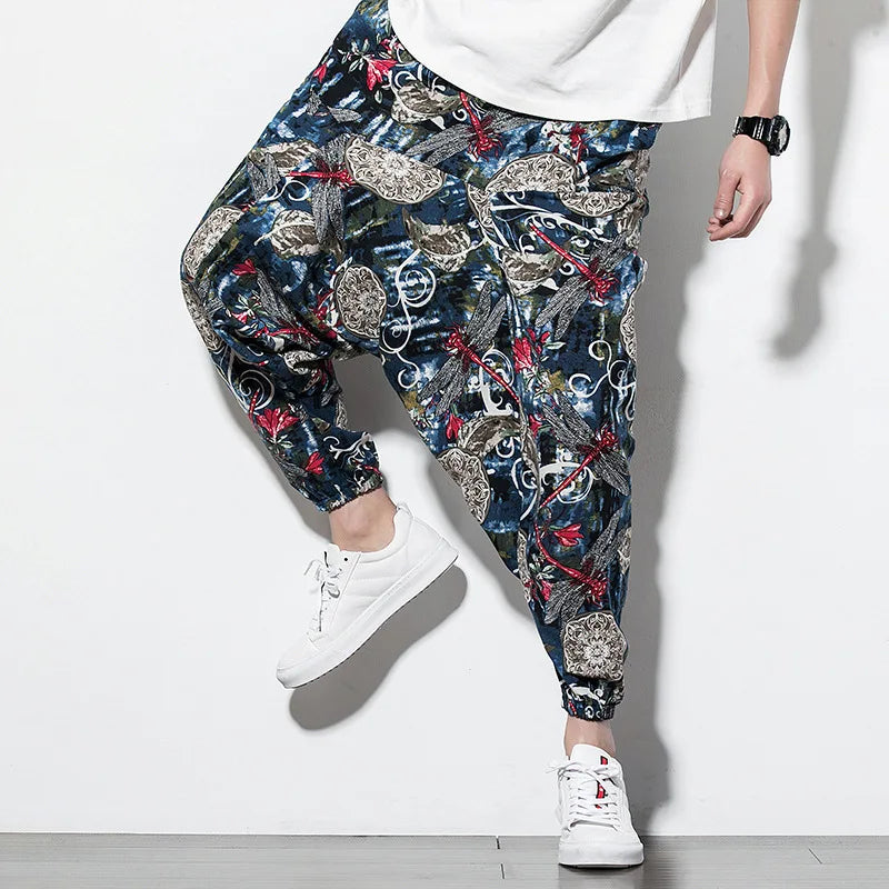 Cotton Linen Harem Pants Men Elastic Waist Streetwear Floral Joggers 2023 New Baggy Drop-crotch Pants Casual Trousers Men