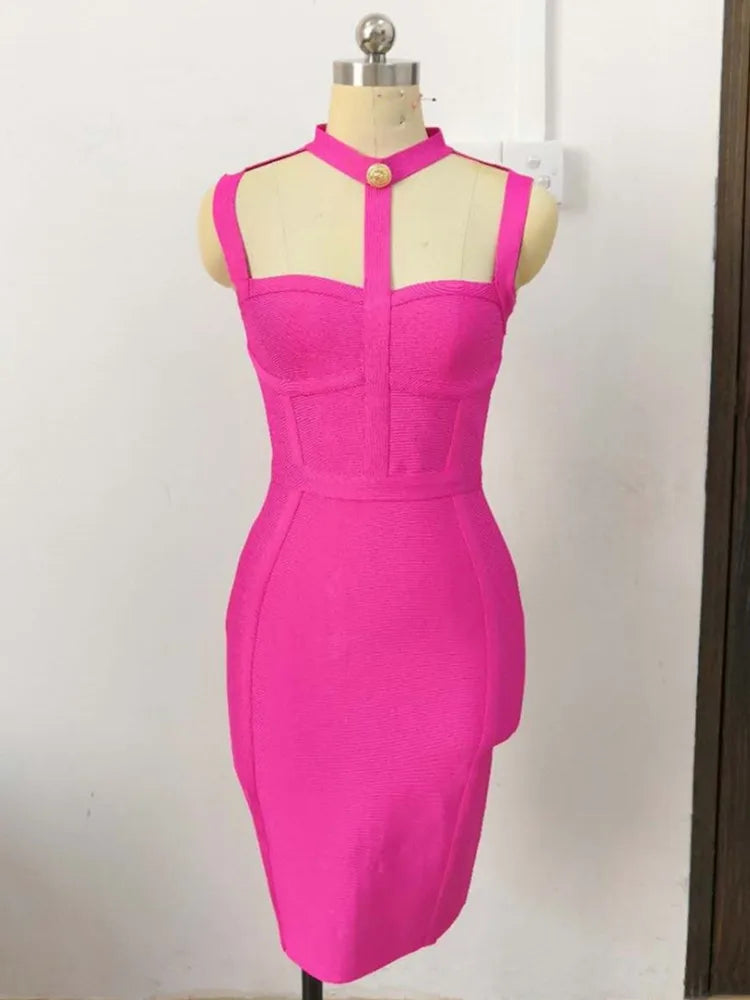 New Arrival Summer Style Sexy Cut Out Button Stretchy Elastic Bandage Dress Celebrity Designer Evening Party Dress Vestidos