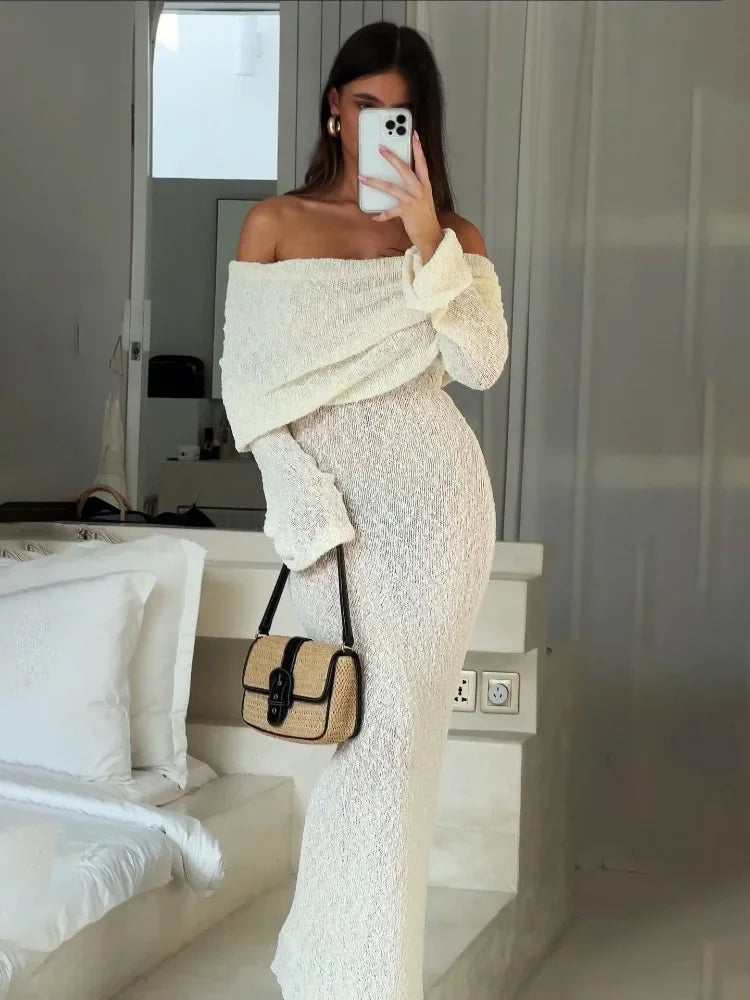 Knit Hollow Out Off-Shoulder Maxi Dress Female Cover up Loose Long Sleeve Holiday Beach Party Dress Women Knitwear Dress