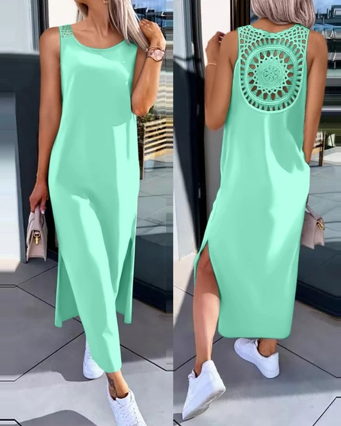 Women's Sleeveless round Neck Mid-Calf Dress Summer 2024 Fashion Slit Hollow-Out Casual Straight Dress for Daily Wear