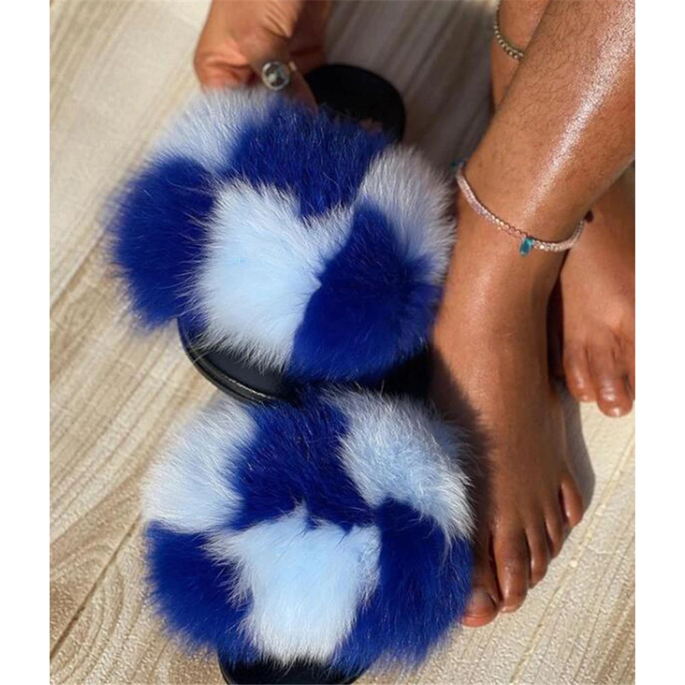 Hot Sale Summer Women Fox Fur Slippers Furry Slippers Designer Fur Slides Girls Black Fur Slides Gorgeous Big Fur Slides Sandal