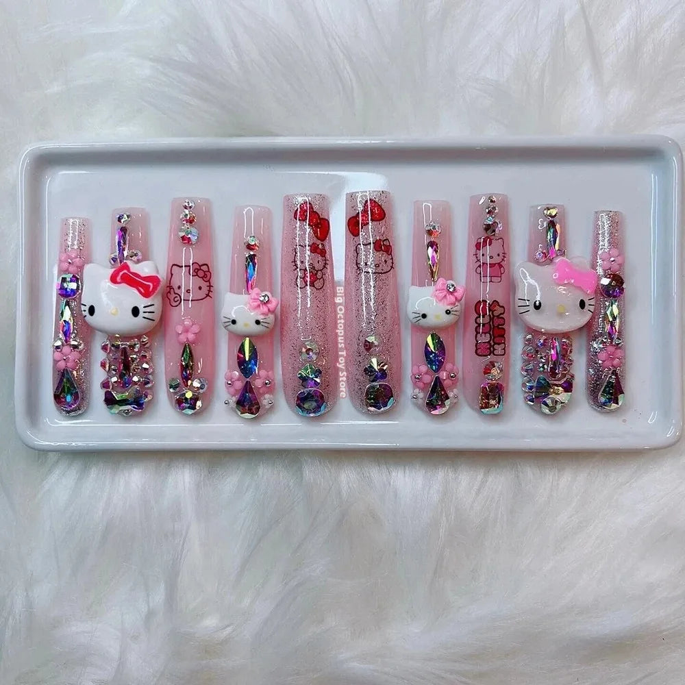 Xxl Euro-Americaen Long Square Cartoon Fake Nails Hello Kitty Mymelody Kuromi Luxury Diamond Handmade Nail Tips Party Sticker