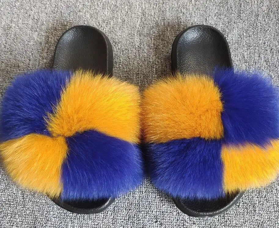 Hot Sale Summer Women Fox Fur Slippers Furry Slippers Designer Fur Slides Girls Black Fur Slides Gorgeous Big Fur Slides Sandal