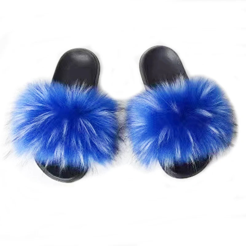 Rainbow Fur Slides Women's Furry Plush Raccoon Fox Fur Slippers Indoor Flat Non-Slip Summer Beach Flip Flops Large Size Sandals