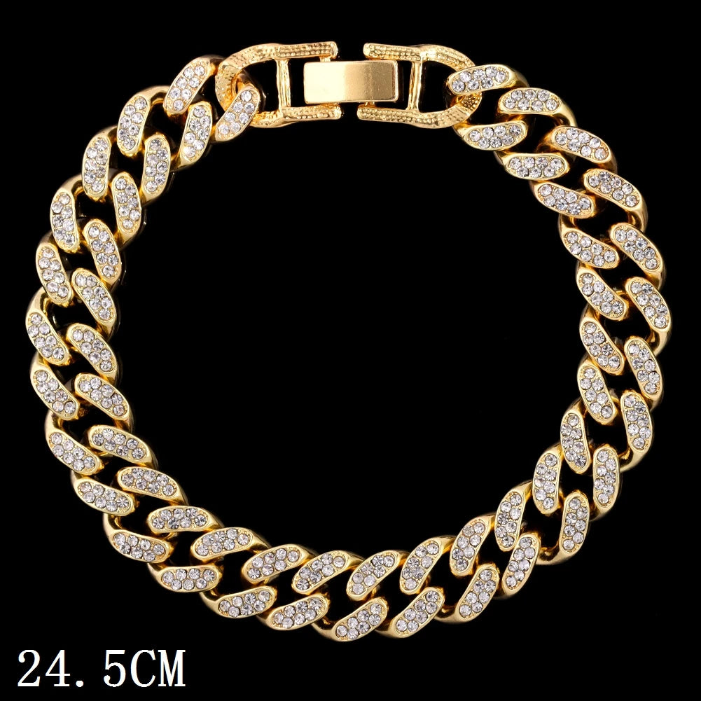 Concierge Tiers gold Cuban link chain bracelet with clear crystals, 24.5 cm length