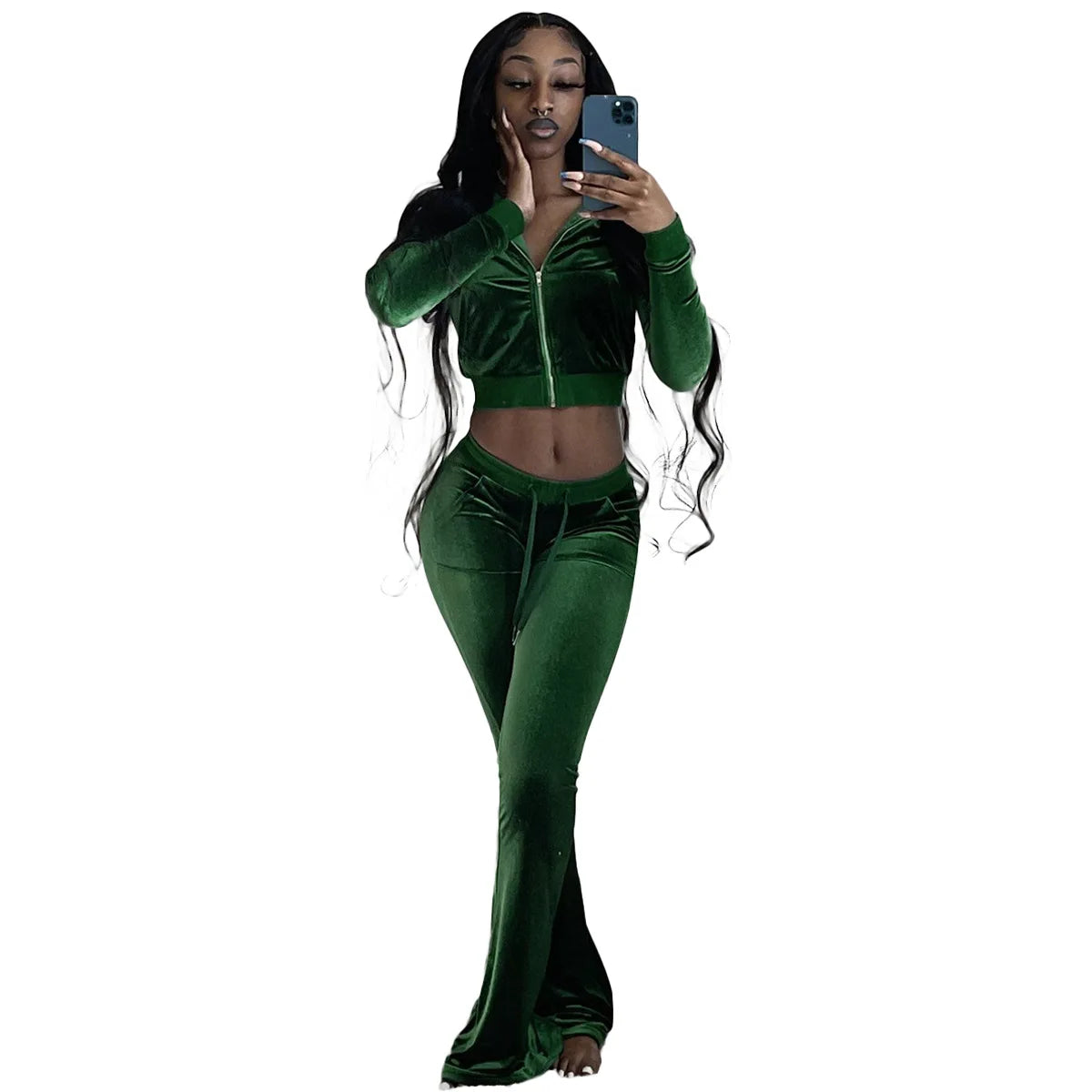 Women Sport Suit Long Sleeve Crop Coat And Bell Bottom Pant Velour Tracksuit Solid Color Long Sleeve Sexy Hoodie Set