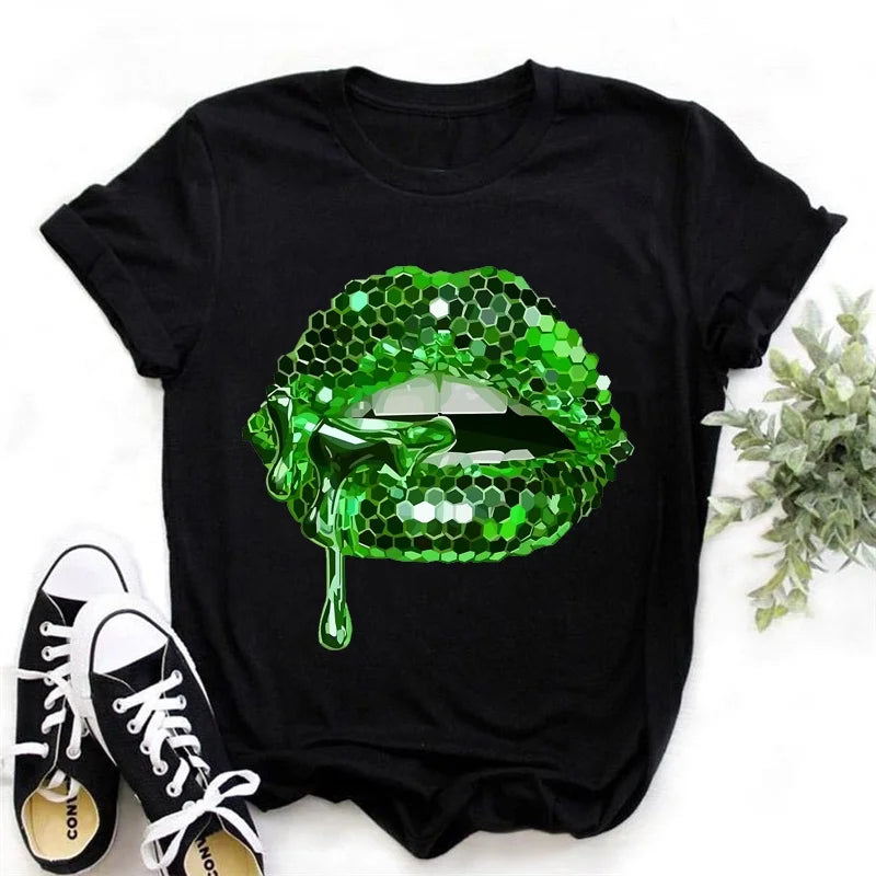 Pink Glitter Lips Graphic Print Tshirt Women'S Clothing Luxurious Makeup T Shirt Haut Femme Aesthetic Clothes T-Shirt